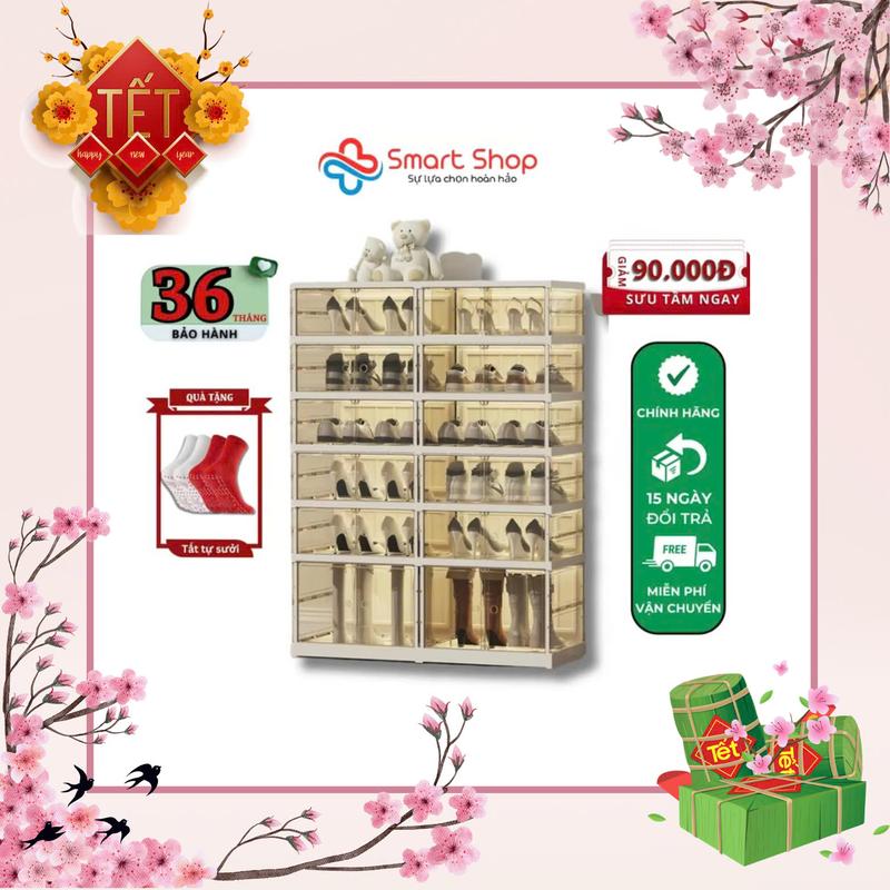 Tủ giày thông minh gấp gọn trong suốt, để được 24 đôi giày - Mã 9104T-5-1G - Có bánh xe ẩn tiện lợi.