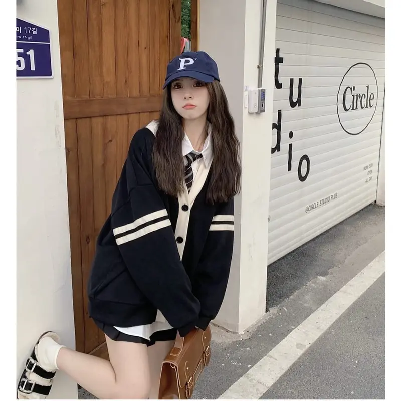 CARDIGAN WANITA - STRIPY OUTHER CARDIE SWEATER OVERSIZE - OUTER Fit Fleece 4