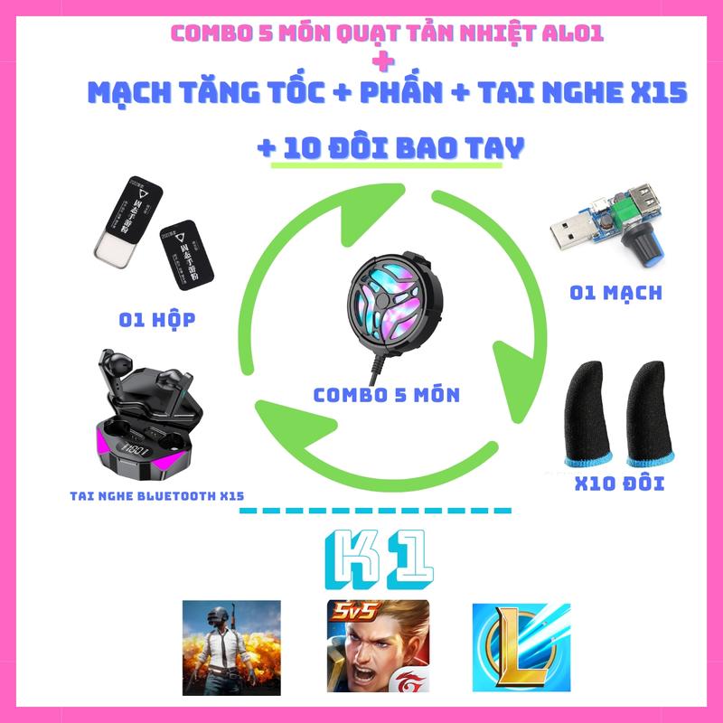 Combo 5 món K1 Quạt tản nhiệt AL01 - Phấn - Mạch tăng tốc - tai nghe bluetooth X15 - Kèm 10 đôi bao tay chơi game Chơi Điện Tử Phụ Kiện