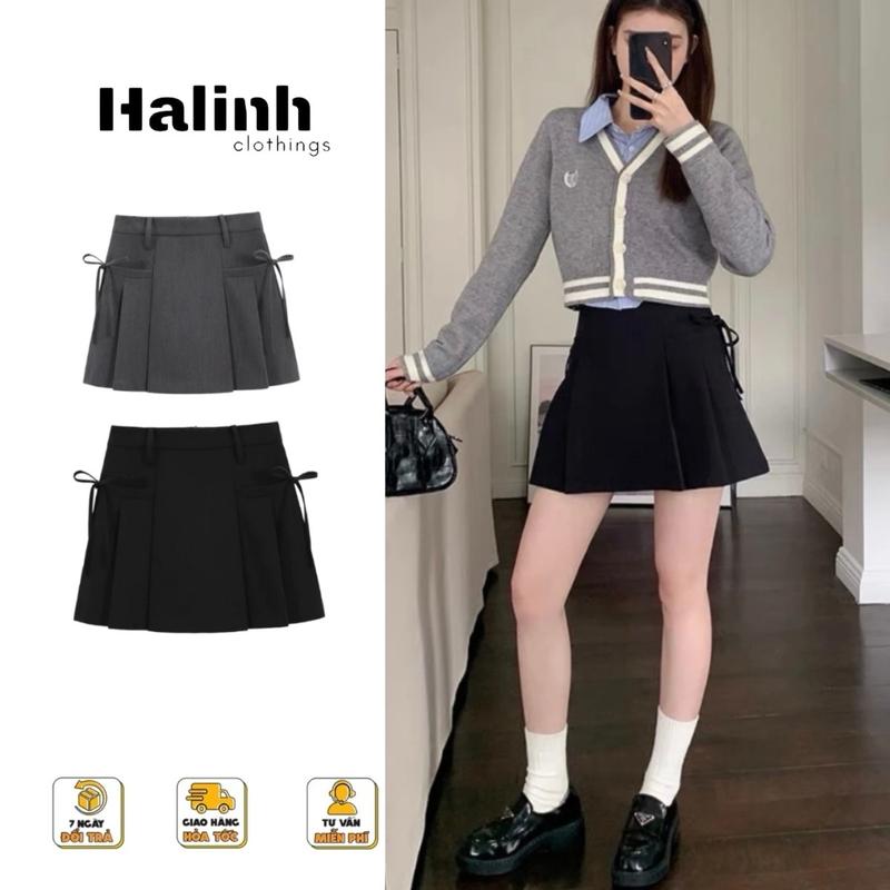 Chân váy nữ chữ A dáng ngắn có dây buộc nơ màu xám, đen M292