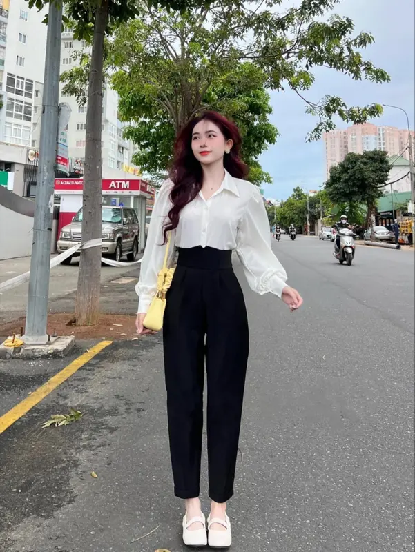 Quần Tây Nữ Cạp Cao Cạp V Dáng Baggy Đi Học Màu Đen Chất Vải Tuyết Mưa Mềm Dày Dặn Pants Jean Women Ong 1