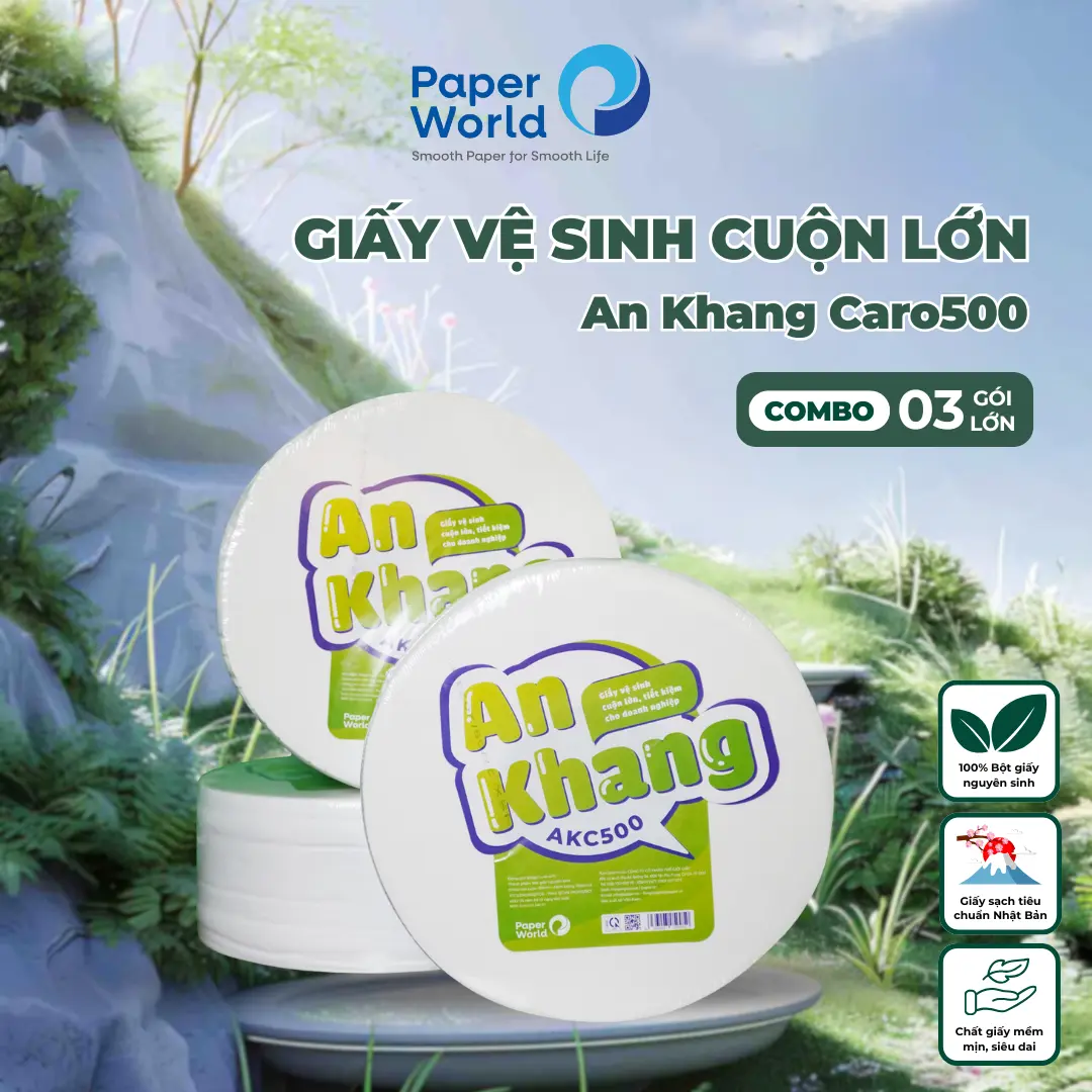 [Combo 3 cuộn] Giấy vệ sinh cuộn lớn 2 lớp AN KHANG 500g | Thế Giới Giấy | 100% bột giấy nguyên sinh  AKC500