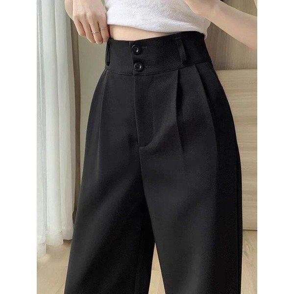 Quần ống rộng nữ lưng cao 2 khuy mới dài 100cm cạp 7cm cao dáng quần ống suông đi học công sở biển cá tính vải đen mềm 5