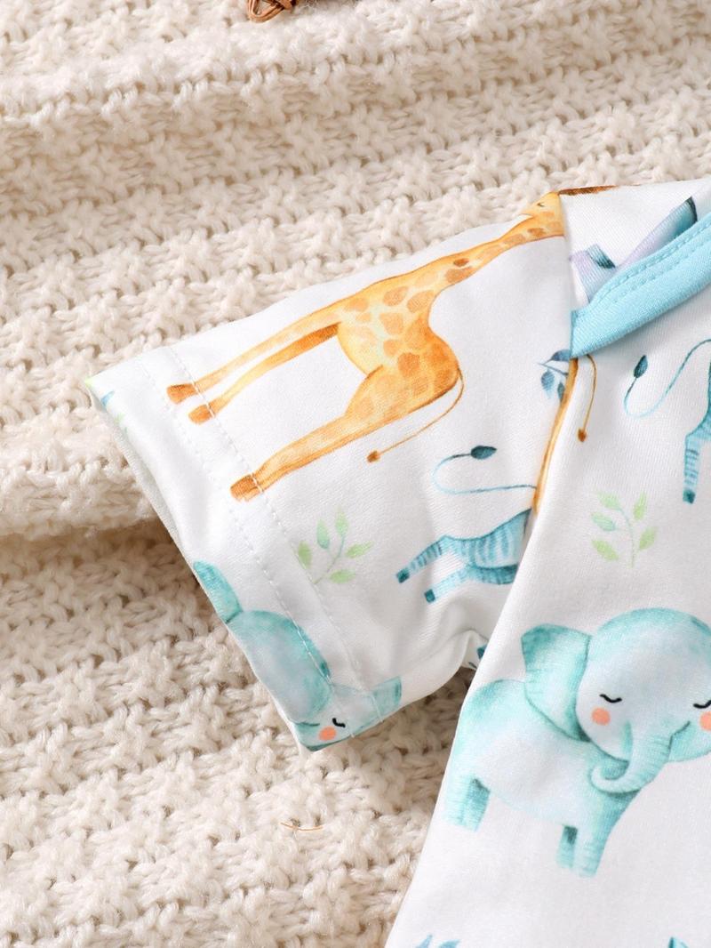 Product Introduction of Two-Piece Set Newborn Infant Baby Boys Outfits, Cute Cartoon Animal Print Short Sleeve Contrast Binding Bodysuit & Pants & Hat Set, Infant Kids Clothes for Daily Wear 5