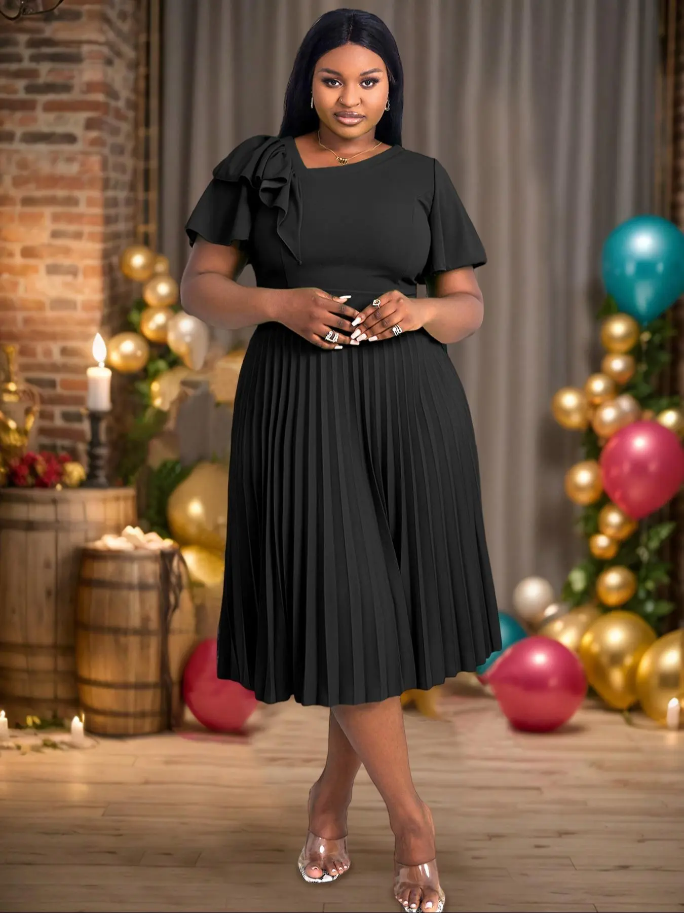 【Plus Size】 Solid Color Ruffle Trim A Line Dress, Elegant Dress for Party Wedding Guest, Women's Clothes for All Seasons, Summer Dresses 2025