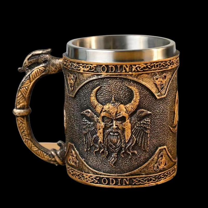 Product Introduction of Vintage Odin Pattern Coffee Mug, 1 Count Stainless Steel Double Wall Insulated Mug with Handle, Drinking Cup for Home Office Use 11
