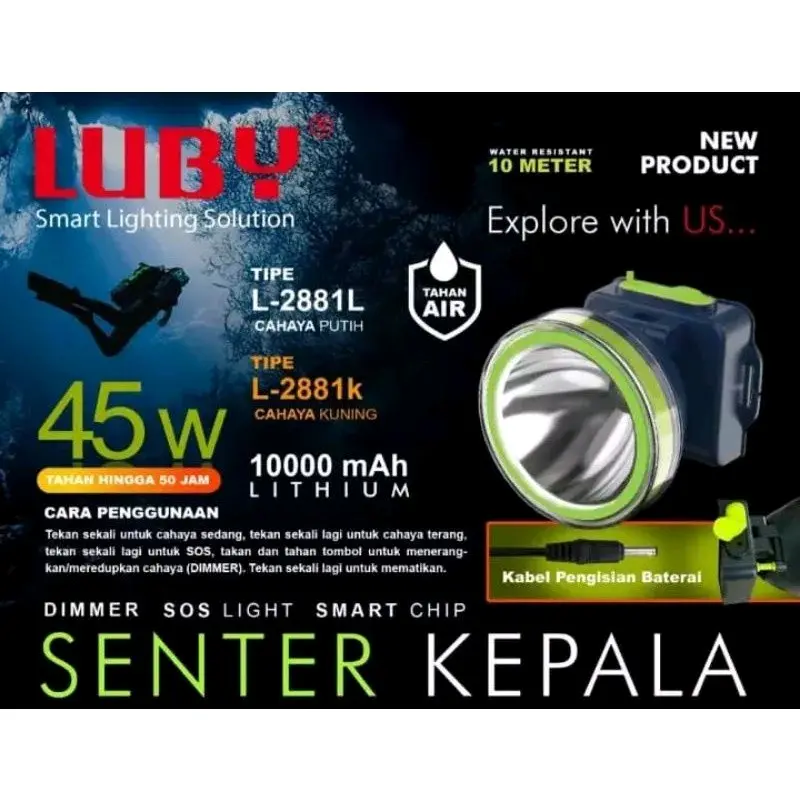 senter kepala jumbo luby 45 Watt baterai 10000mah L 2881 2