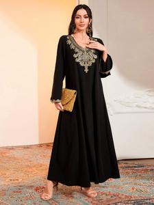 Arabic Clothing-contrast Lace Flounce Sleeve V Neck Dress, Modest Long Sleeve Dress for Women, Women's Islamic Clothing for All Seasons