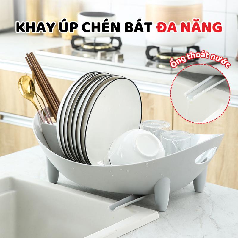 Khay Úp Chén Bát Đa Năng, Tiết Kiệm Không Gian Có Khay Đựng Đũa, Hộc Thoát Nước Chống Tràn - Nhựa Cao Cấp