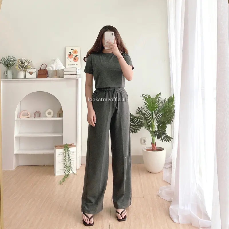 Lookatmeofficial • Ivy Set - Crop + Pants Setelan Wanita Premium atasan jogger Karet Celana Panjang Kulot Serut Top Baju Bawahan 7