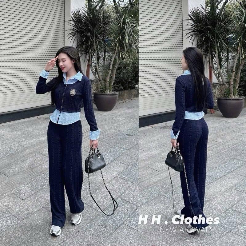 Bộ len thừng phối sơ mi xanh than phối quần xuông mặc thu đông by Hiếu Phát ( không kèm phụ kiện) Áo Nhung Nữ