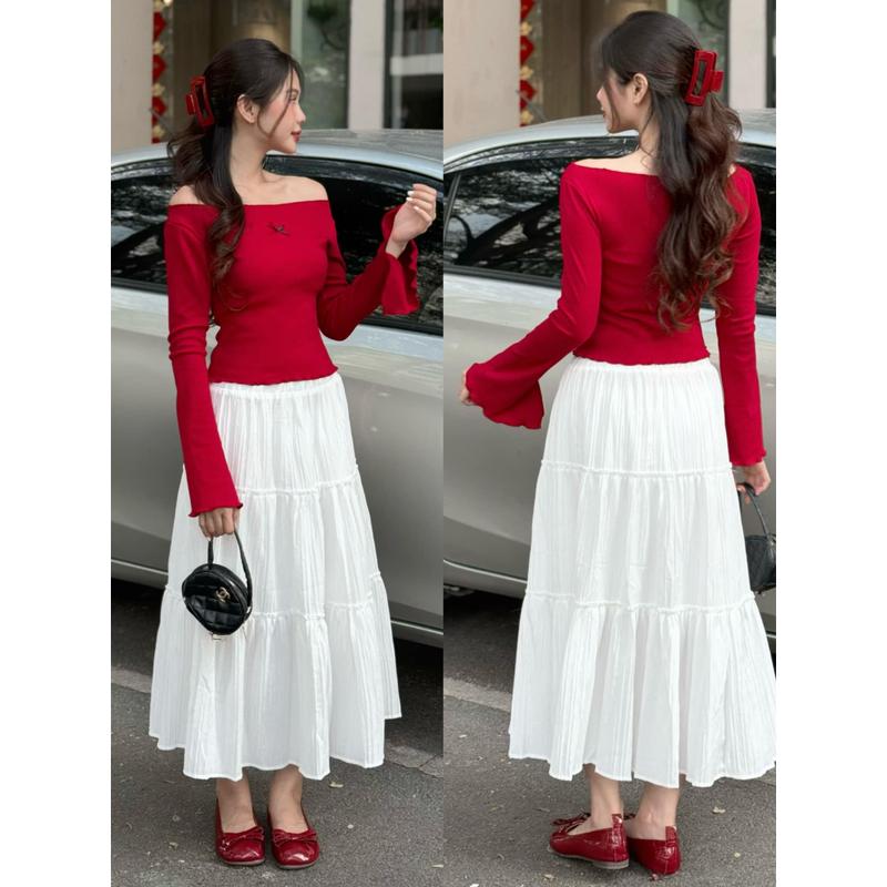 ( Có tách set) Set váy áo trễ vai tay dài phối nơ và chân váy đũi dáng dài phong cách điệu đà tiểu thư- A277, CV051
