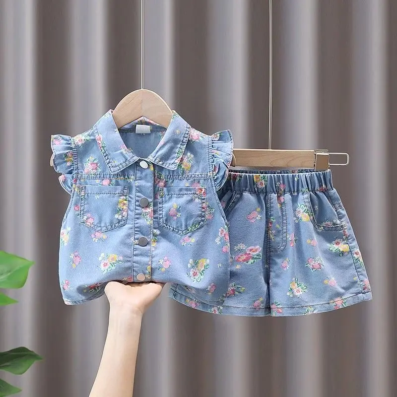 Sut Fesyen Musim Panas untuk Kanak-kanak Perempuan, Gaya Seperti Denim, Rekaan Korea, Seluar Pendek dan Sut Dua Keping Musim Panas Nipis, 2024 Ketibaan Baru, Sesuai untuk Bayi Perempuan