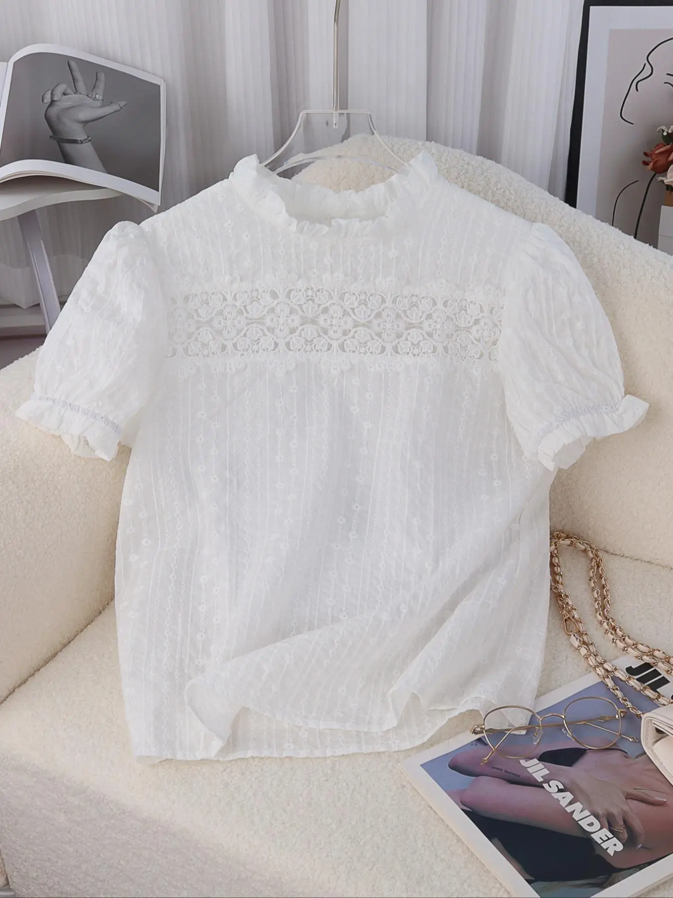 Women's Embroidery Frill Trim Puff Sleeve Blouse, Elegant Keyhole Back Short Sleeve Top for Summer, Ladies Clothes for Daily Wear