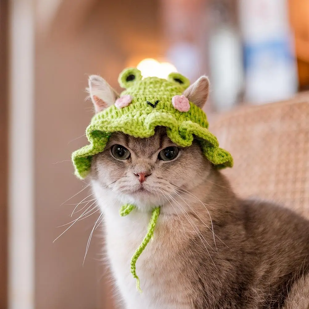 Cute Knitted Maid-Style Cat Hat with Ruffled Edge | Soft Pet Costume for Dress-Up, Photoshoots & Birthdays