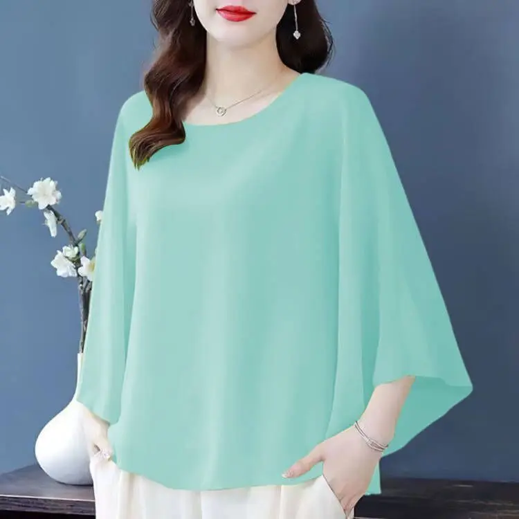 Áo Voan, Dáng Rộng Vừa Vặn, Tay Cánh Dơi Áo Phông, Áo Thanh Lịch Cho Mẹ, Hàng Mới Về Mùa Thu 2024, Quần Áo Nữ Cỡ Lớn