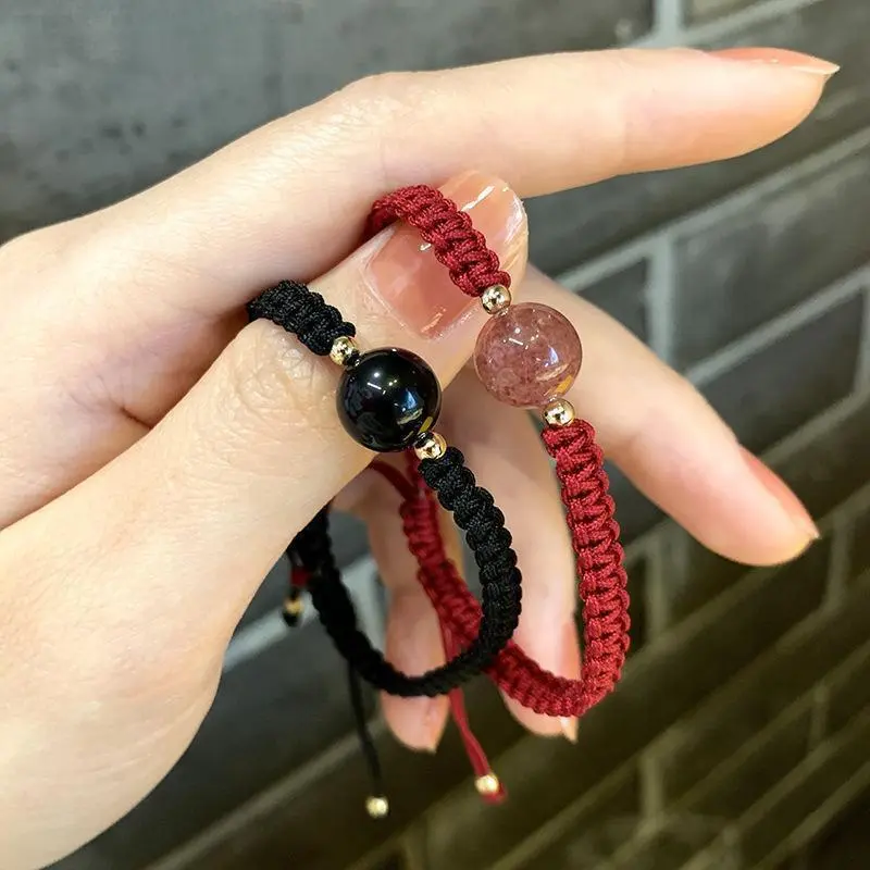 hangmaiow New Obsidian Lucky Beads Strawberry Crystal Women's Woven Couple Bracelet Gift well