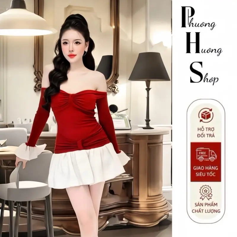 B9 váy đỏ bẹt vai dáng ngắn