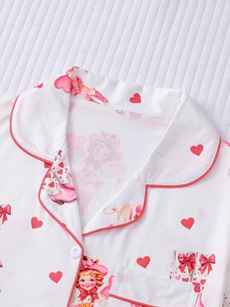 Product Introduction of Women's All Over Cartoon Print Button Front Shirt & Shorts Pyjama Two-piece Set, Casual Comfy Short Sleeve Top & Shorts Pj Set, Ladies Sleepwear for All Seasons, Pajamas 3
