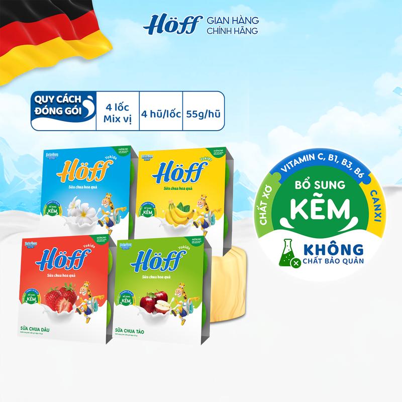 Sữa chua cho bé ăn dặm combo mix 4 vị Hoff bổ sung dinh dưỡng canxi kẽm vitamin B1 B2 B3 B6 chất xơ, Men vi sinh hỗ trợ hệ tiêu hóa 4 lốc (16 hộp x 55g)