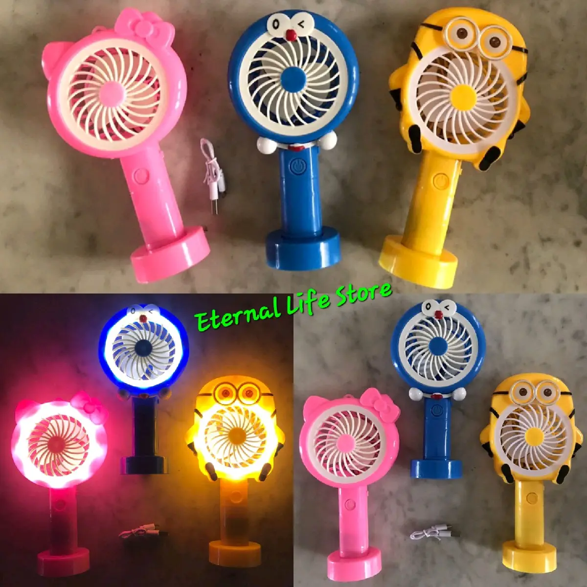 Kipas Fancy Karakter Doraemon / Kitty / Minion (Portable Mini Fan USB + Lampu LED bisa di Cas) Hampers Souvenir Hadiah Kado Unik. Mainan Edukasi Anak.