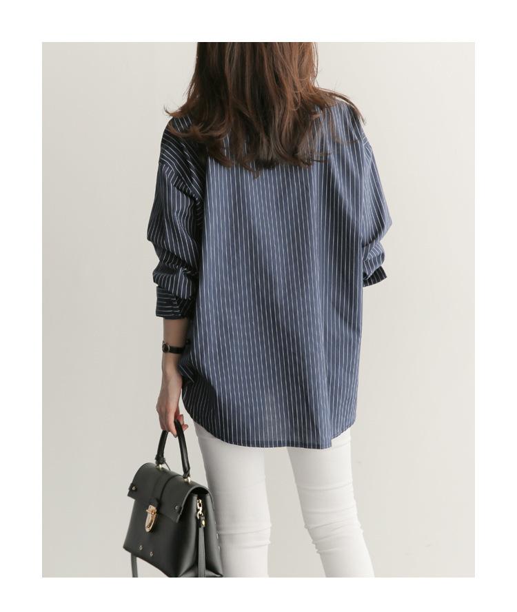 Product Introduction of 2023 Spring/Summer New Mid length Versatile Loose Blue Vertical Stripe BF Large Long Sleeve Shirt Women's Summer Han Style Top Blouse 7