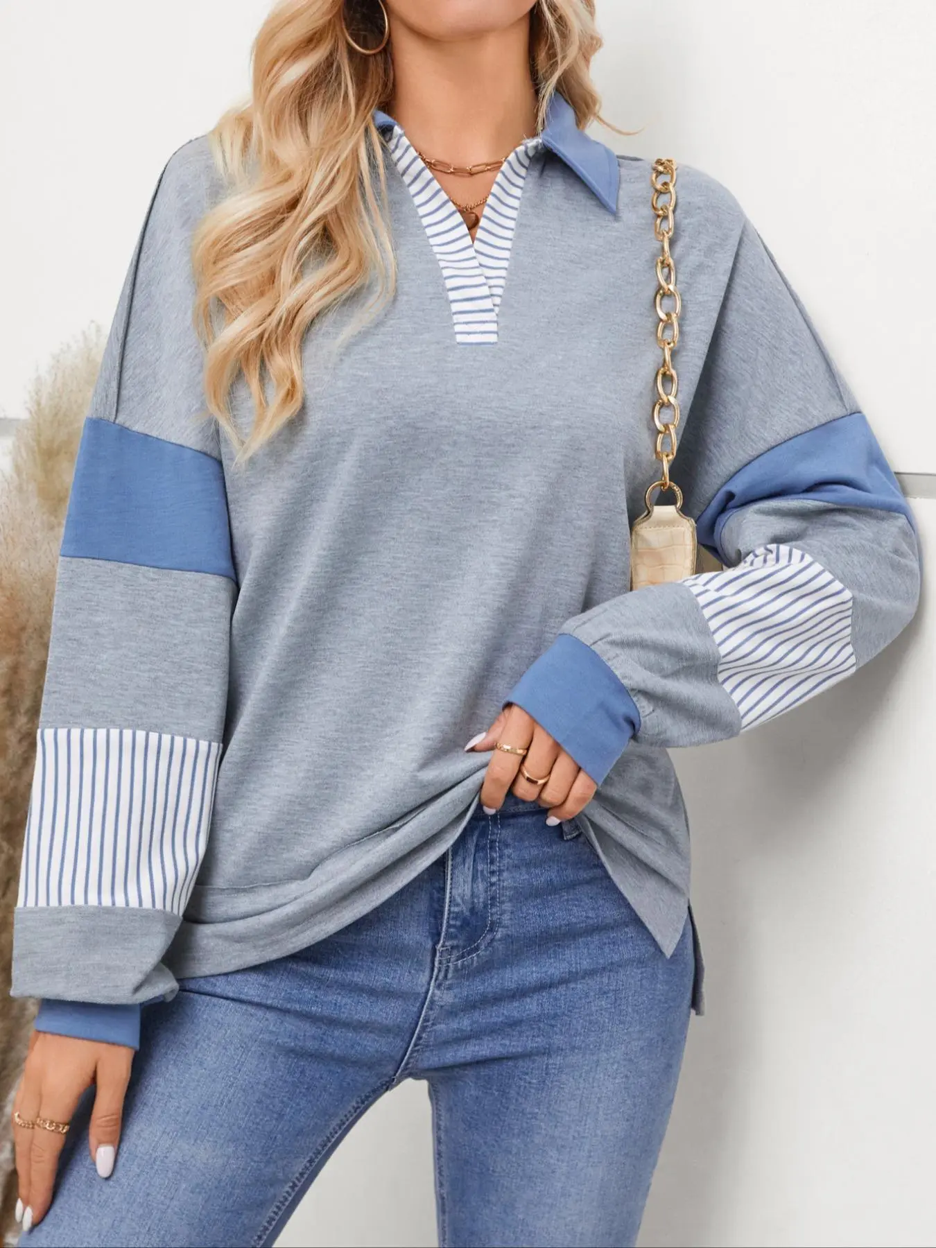 Women's Colorblock Striped Print Shirt Collar Sweatshirt, Casual Long Sleeve Collared Top for Spring & Fall, Fashion Women's Top for Daily Wear
