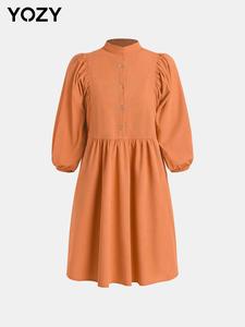 YOZY Women's Plain Button Front Smock Dress, Casual Bishop Sleeve Mock Neck Short Dress for Fall & Winter, Women's Clothing for Daily Wear