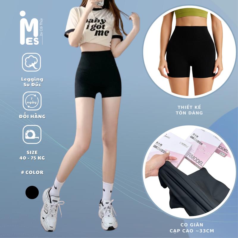 Quần legging ngắn đùi cạp cao chất su đúc co giãn có hộp có thể mặc đi tập 1938 IMES SHOP Nữ Voi Đen Women Thun size m nút có thể giặt máy