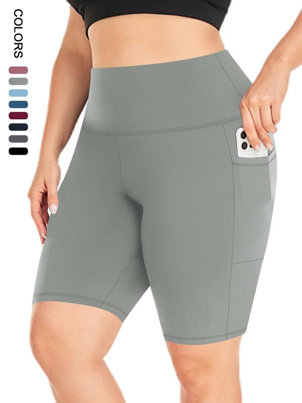 【Plus Size】 Plain High Waist Pocket Design Skinny Shorts, Casual Comfy Breathable High Stretch Seamless Shorts for Daily Outdoor Sport, Gym Wear, Shorts for Women, Workout Clothes 7
