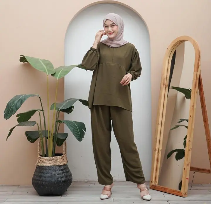 setelan fida one set cringkle airflow Muslim Wanita Crinkle Baju Atasan Celana Dewasa Panjang Remaja Kulot Casual Oversize 7