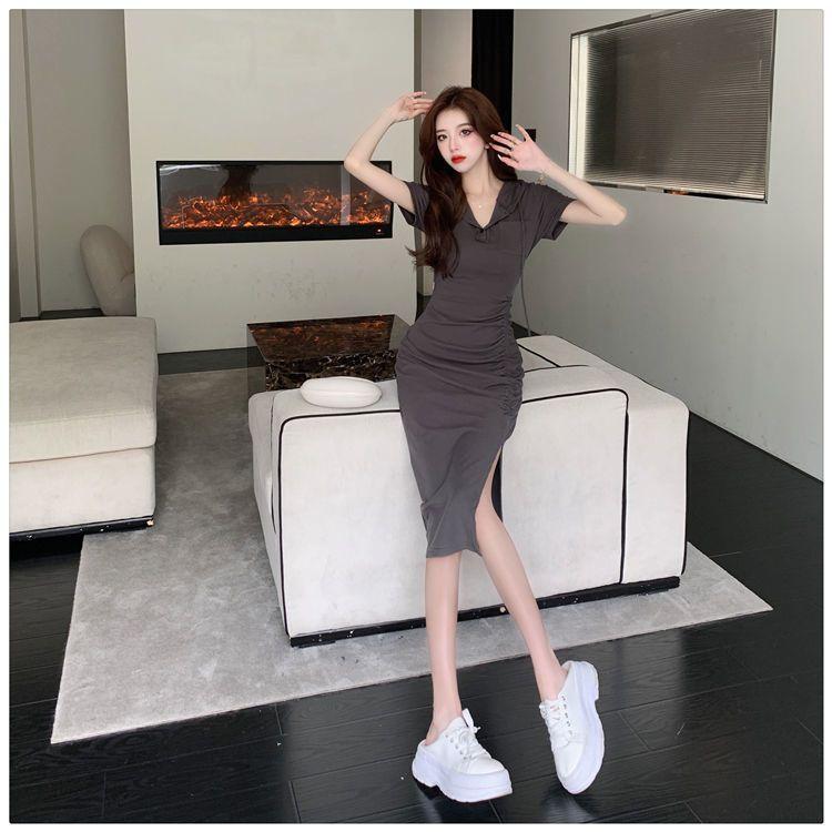 Product Introduction of Casual new style fashionable split mid length hooded skirt with women's summer temperament, waist cinched short sleeved drawstring dress 10