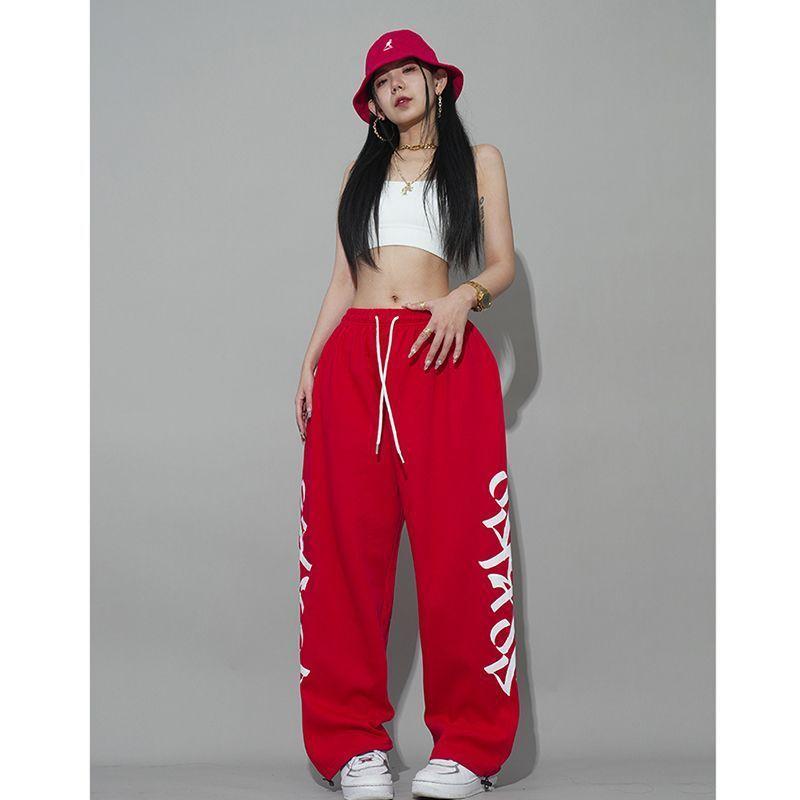 Quần Thể Thao Hip Hop, Màu Đỏ, Dây Rút Phong Cách Mới, Dáng Rộng Vừa Vặn, Thích Hợp Để Khiêu Vũ Và Thể Thao, Quần Nỉ Thường Ngày Thiết Kế Tuyệt Vời, Phong Cách Hip Hop 1