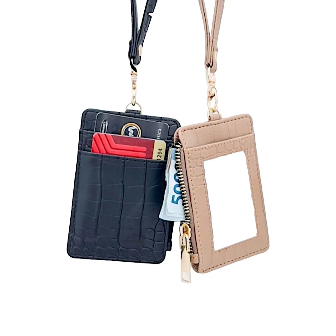 Lanyard Dompet Gantung Leher Tempat Kartu Id Card Holder Name Tag Nama Kalung Bahan Kulit PU Sintetis Tali Peralatan Hitam