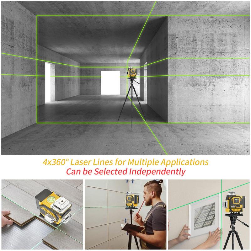 Laser Levels, 4x360 Self Leveling 16 Lines Green Beam 4D Cross Professional Line Laser Tool, LCD Screen, Remote Controller, Lifting Base 6