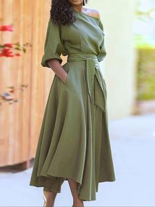 Women's Plain Plicated Tie Front Asymmetrical Neck A Line Dress, Casual Bishop Sleeve Long Dress for Summer, Ladies Clothes for Daily Wear