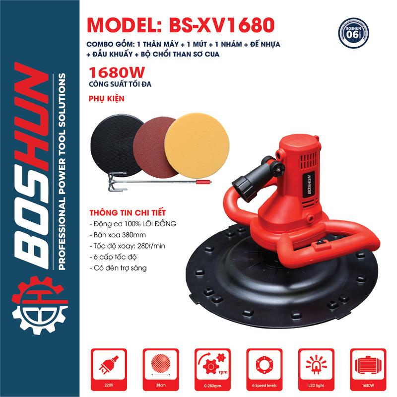 Máy Xoa Vữa Có Đèn Trát Tường Boshun BS-XV1680 - Công Suất 1680W - 6 Cấp Độ Chỉnh Lực - 2 Tay Cầm - Có LED Trợ Sáng Xoay 360 Độ - Bảo Hành Chính Hãng 6 Tháng Phụ Kiện