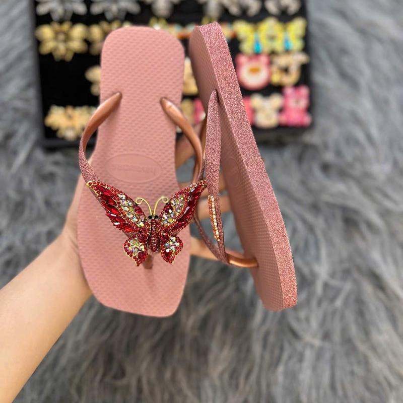  DÉP XỎ NGÓN MÀU HỒNG FULL KIM TUYẾN MIX CHARM   Đặt đúng size   Cao Su DéP Nữ 