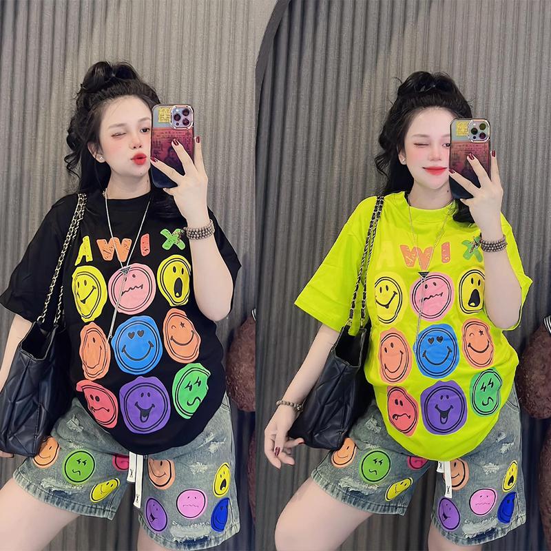 Bộ Quần Jean Ngố ICON Nữ & Áo Phông Cotton ICON Mặt Cười Cute Cá Tính Top Women N014