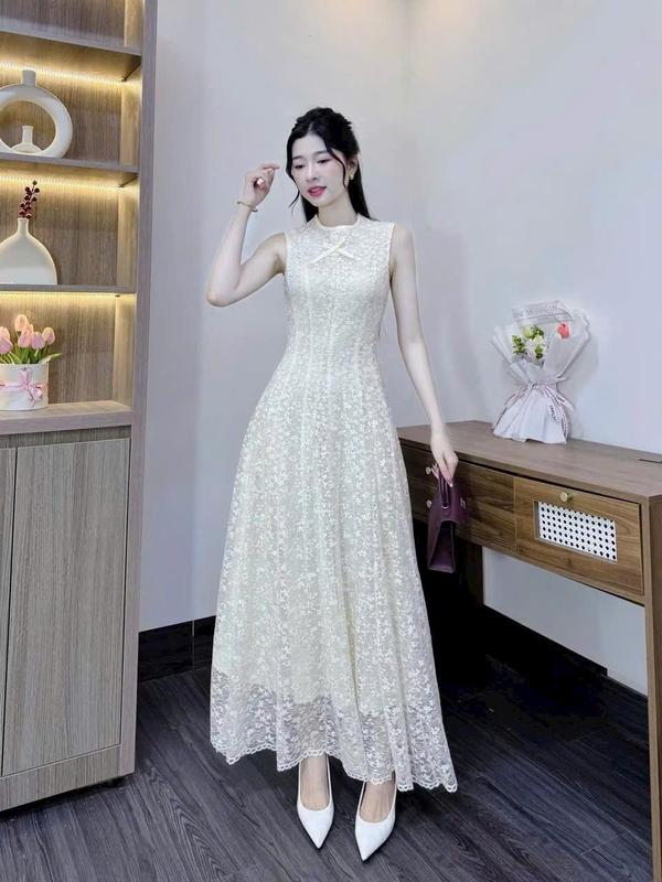 váy đầm ren dạ hội dáng dài cổ tròn tay ngắn dáng dài chát ren siêu đẹp dành cho nữ 0