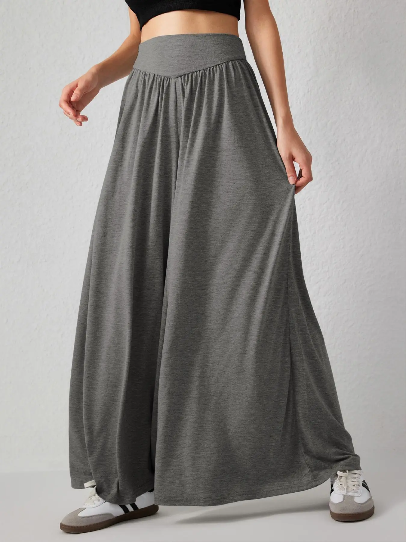Women's Plain Frill Trim High Waist Pocket Wide Leg Pants, Casual Elastic Waist Palazzo Trousers for Spring & Fall, Women's Bottoms for Daily Wear