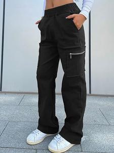 Women's Solid Zipper Pocket Cargo Pants, Casual Street Fashion Trousers for Daily Wear, Ladies Bottoms for All Seasons, Rave Trousers Women