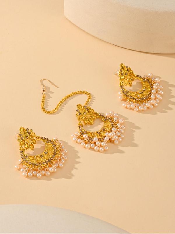 Faux Pearl & Rhinestone Decor Jewelry Set, Boho Style Hollow Out Design Tassel Dangle Earrings & Head Chain, Fashion Accessories for Women 0