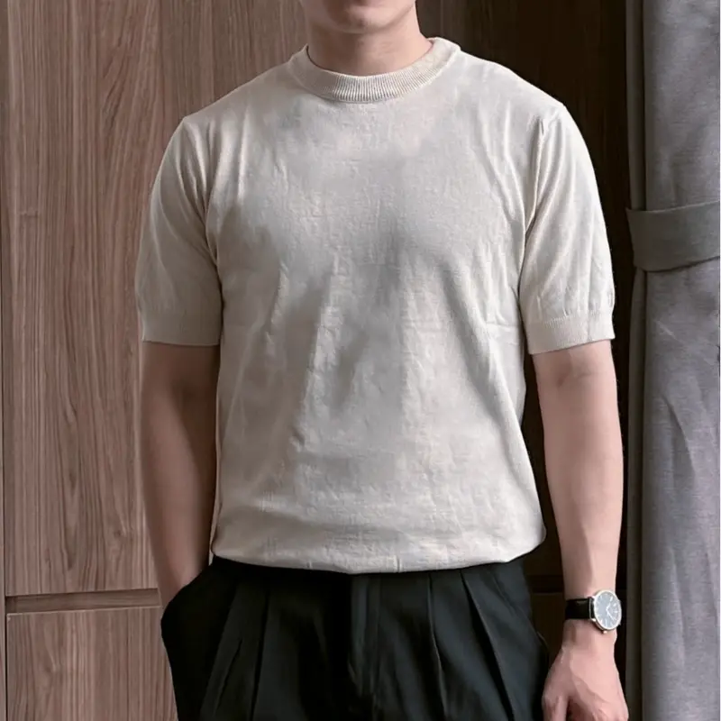 Áo thun ôm body tay ngắn dệt kim Mongtoghi cao cấp phù hợp 4 mùa, thoáng mát dễ chịu Menswear Shirt Navy Nam Cổ Tròn 2