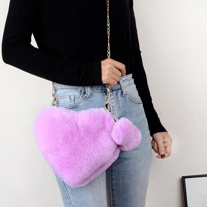 Product Introduction of Women Messenger Bag Cute Heart Shaped Shoulder Bag Fluffy Chain Soft Fashion Crossbody Handbag 34