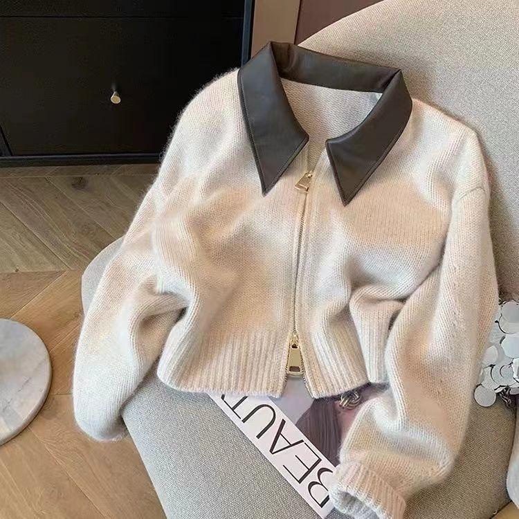 Áo Khoác Cardigan Dệt Kim, Màu Nâu, Cổ Polo, Dành Cho Nữ, Thích Hợp Cho Mùa Thu Và Mùa Đông, Lười Biếng Và Mềm Mại, Bột Mì, Khóa Kéo Đôi, Phong Cách Maillard Cổ Điển 2