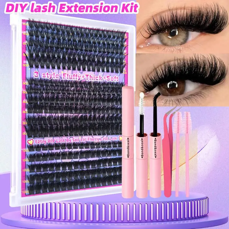 Natural Eyelash Extensions Kit, 1 Set Mixed Length Individual False Eyelashes, Self Grafting Curl Eyelashes, Professional Eye Makeup Accessories for Women, Makeup