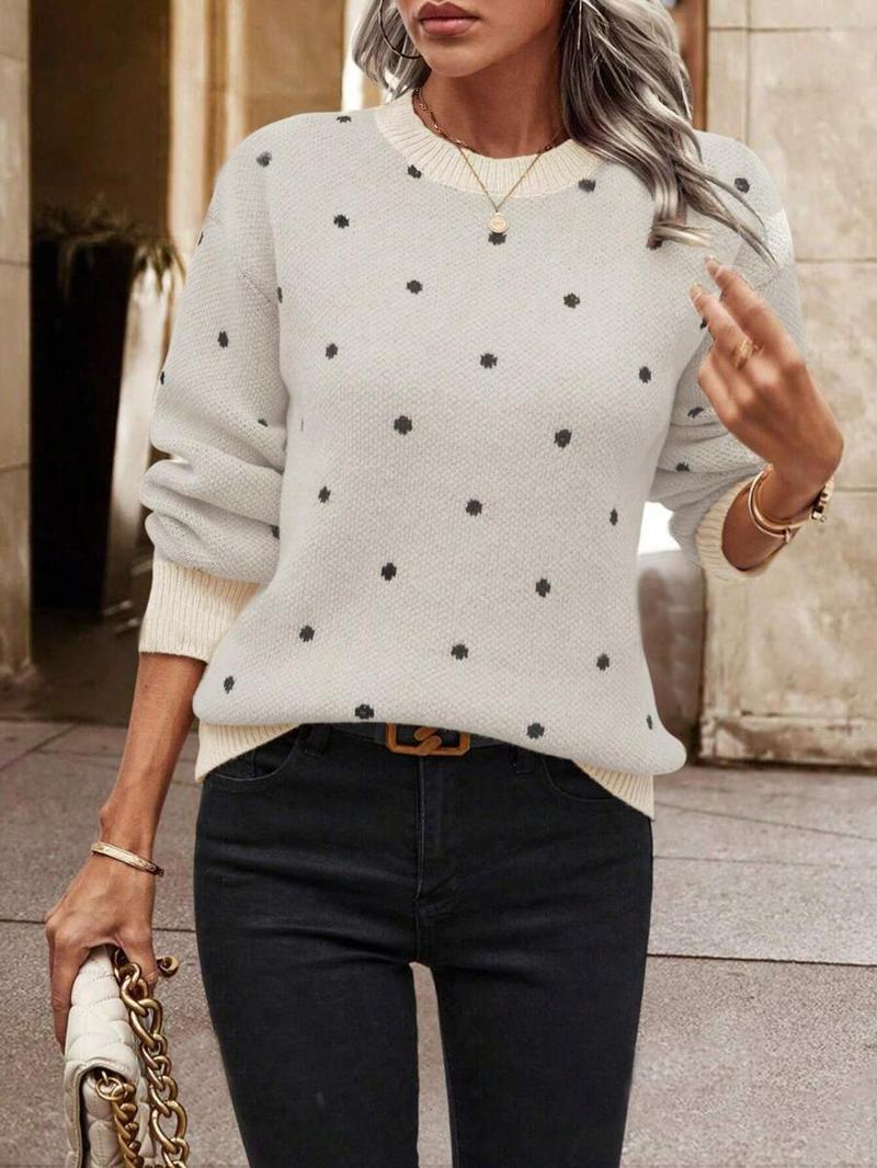 Product Introduction of Women's Polka Dot Print Drop Shoulder Longsleeves Crewneck Sweater, Long Sleeve Round Neck Jumper for Fall & Winter, Fashion Ladies' Knitwear for Daily Wear, Comfort Lady Tops, Casual Womenswear,  Modest Outfits 10