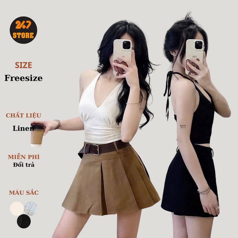  Áo croptop linen cổ yếm cột dây basic  A1579 