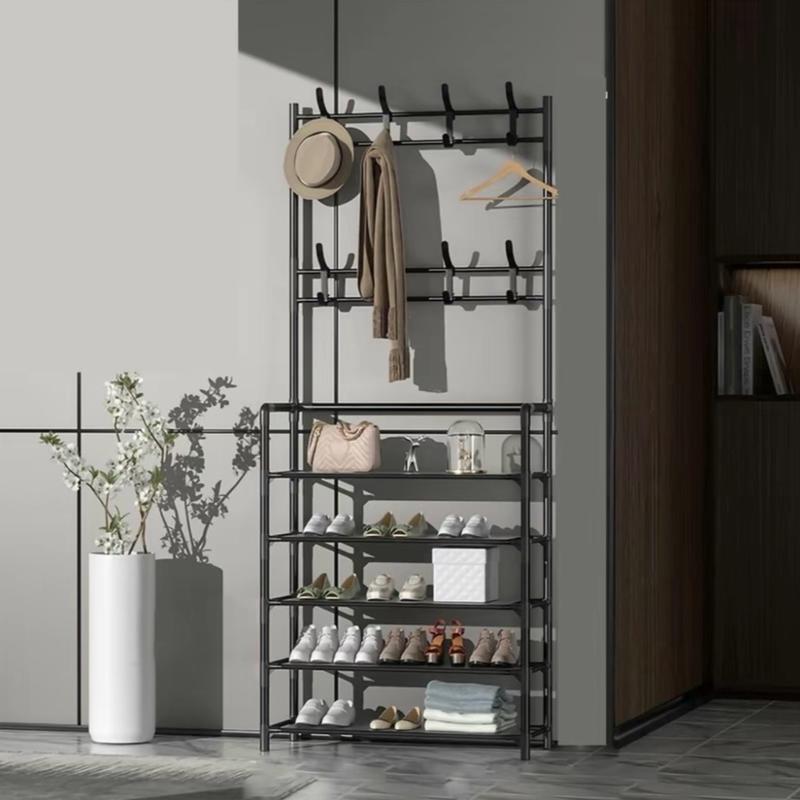 Kệ để giày dép chữ L 2 màu, thiết kế treo đồ đa năng lắp ghép 4 tầng tặng kèm 8 móc treo, chất liệu thép chịu lực tốt